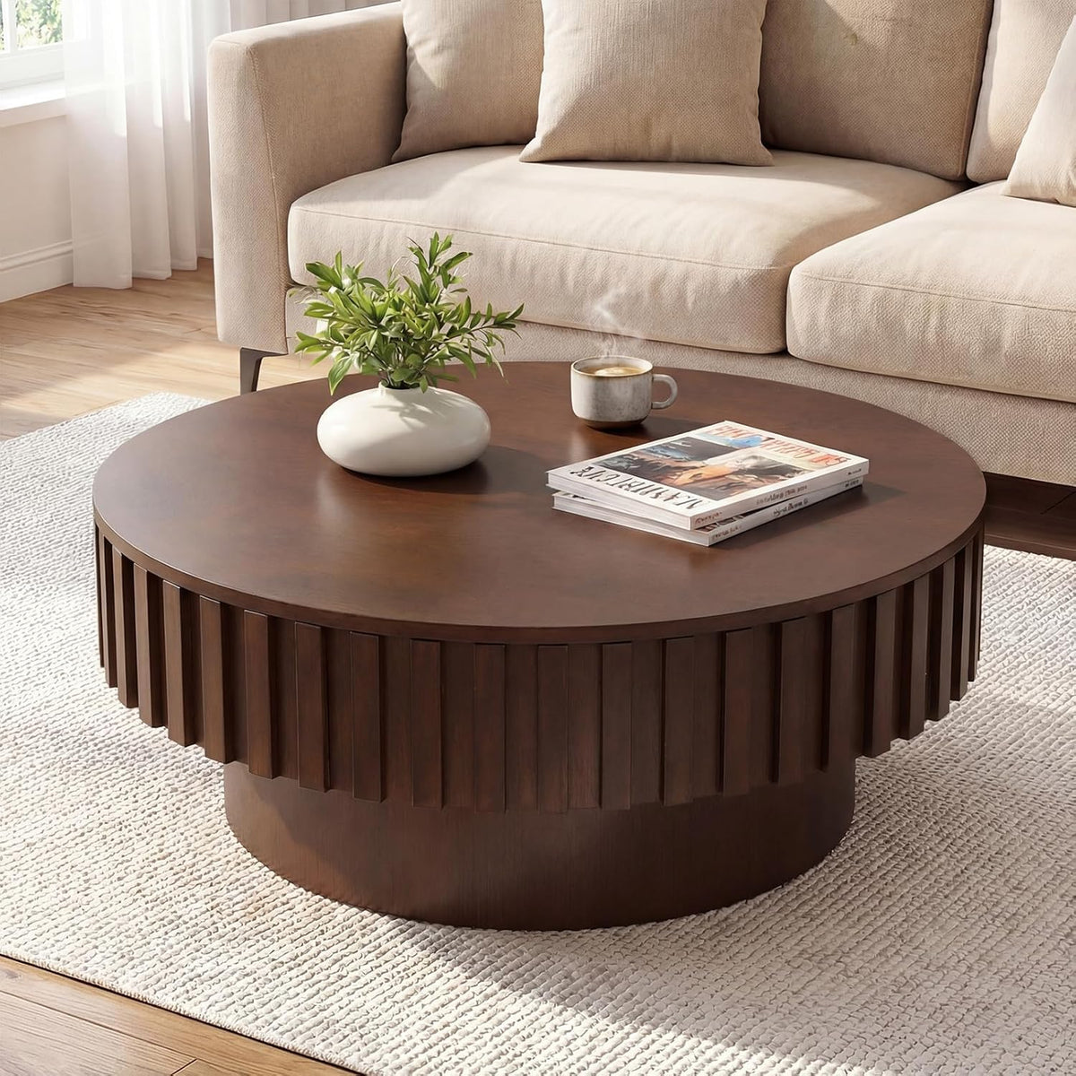 Giantex Round Coffee Table with Storage, Modern Drum Fluted Center Table with Solid Wood Veneered, Unique Circle Wood Coffee Table for Living Room Small Spaces (Brown)