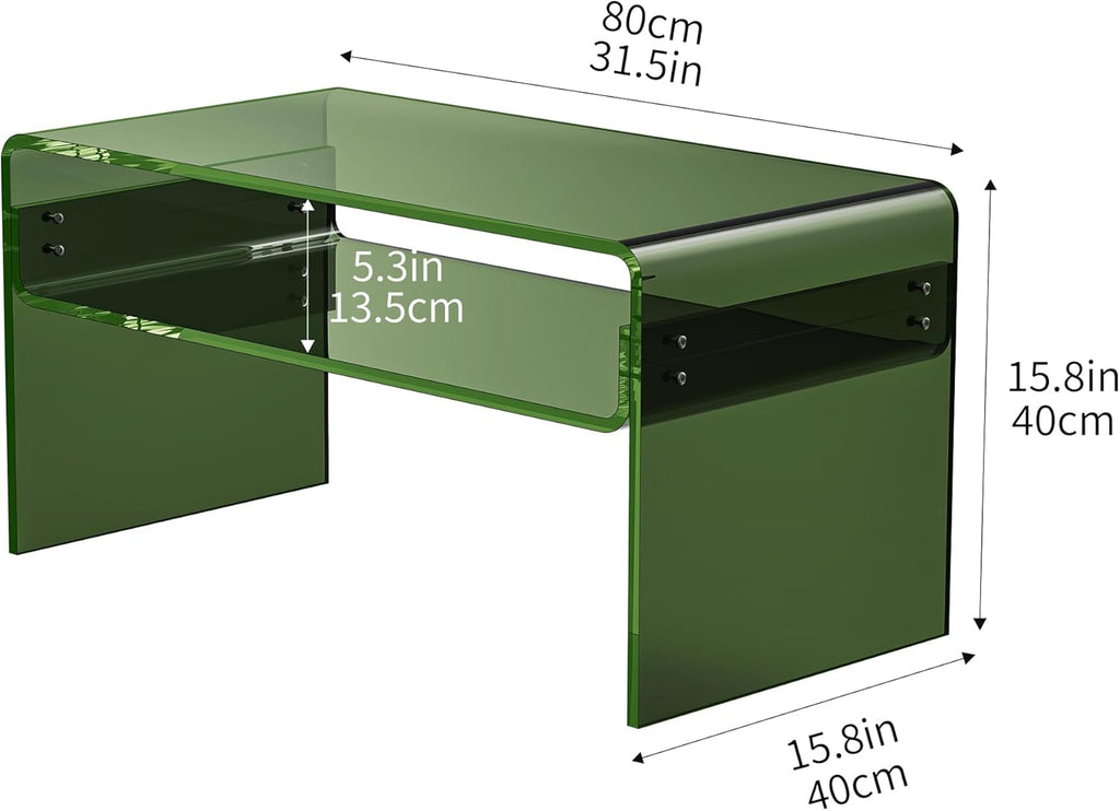 Acrylic Coffee Table for Living Room Clear Rectangle Lucite Table with Open Storage Shelf (1, Green, Nomal)