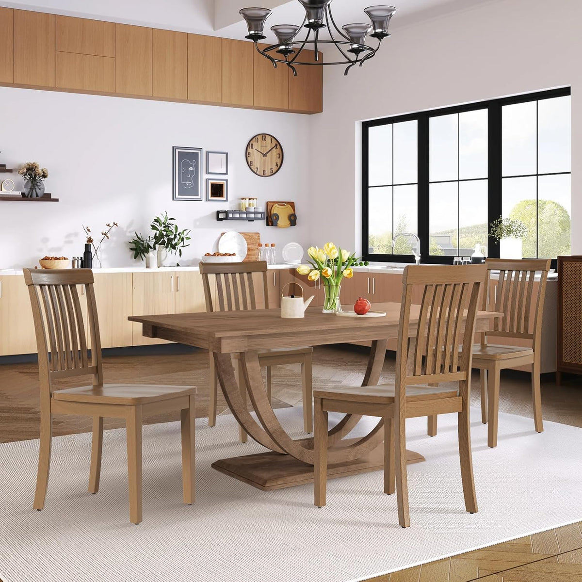 COLAMY Wooden Dining Chairs Set of 6, Solid Rubberwood Kitchen & Dining Room Chairs, Farmhouse Rustic Side Chairs for Dining Table, Anti-Slip Protection, Classic Windsor Style Seating, Oak Light Brown