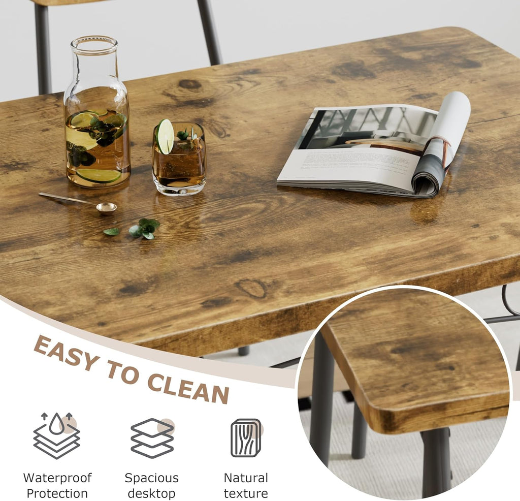 VECELO Dining Table Set for 4, 5-Piece Kitchen Table with 4 Chairs, MDF Board Tabletop with Metal Frame for Small Space, Compact Dinette, Breakfast Nook, Brown