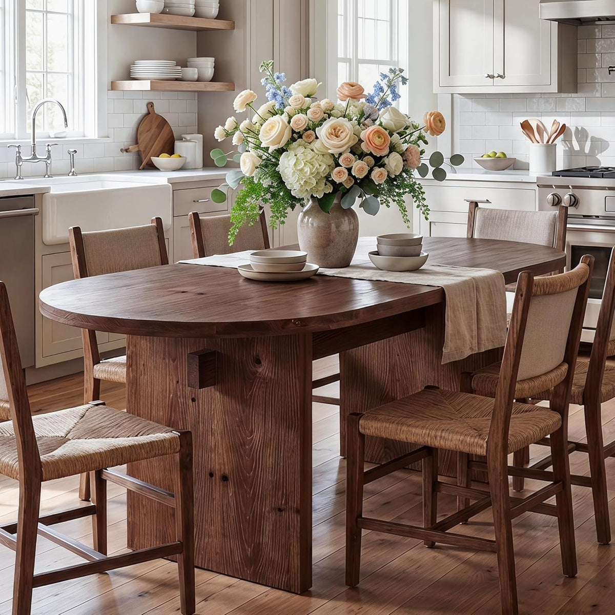 Tribesigns 63-Inch Oval Dining Table, Farmhouse Solid Wood Kitchen Table for 4-6, Large Dinner Furniture with Double Pedestal for Dining Room