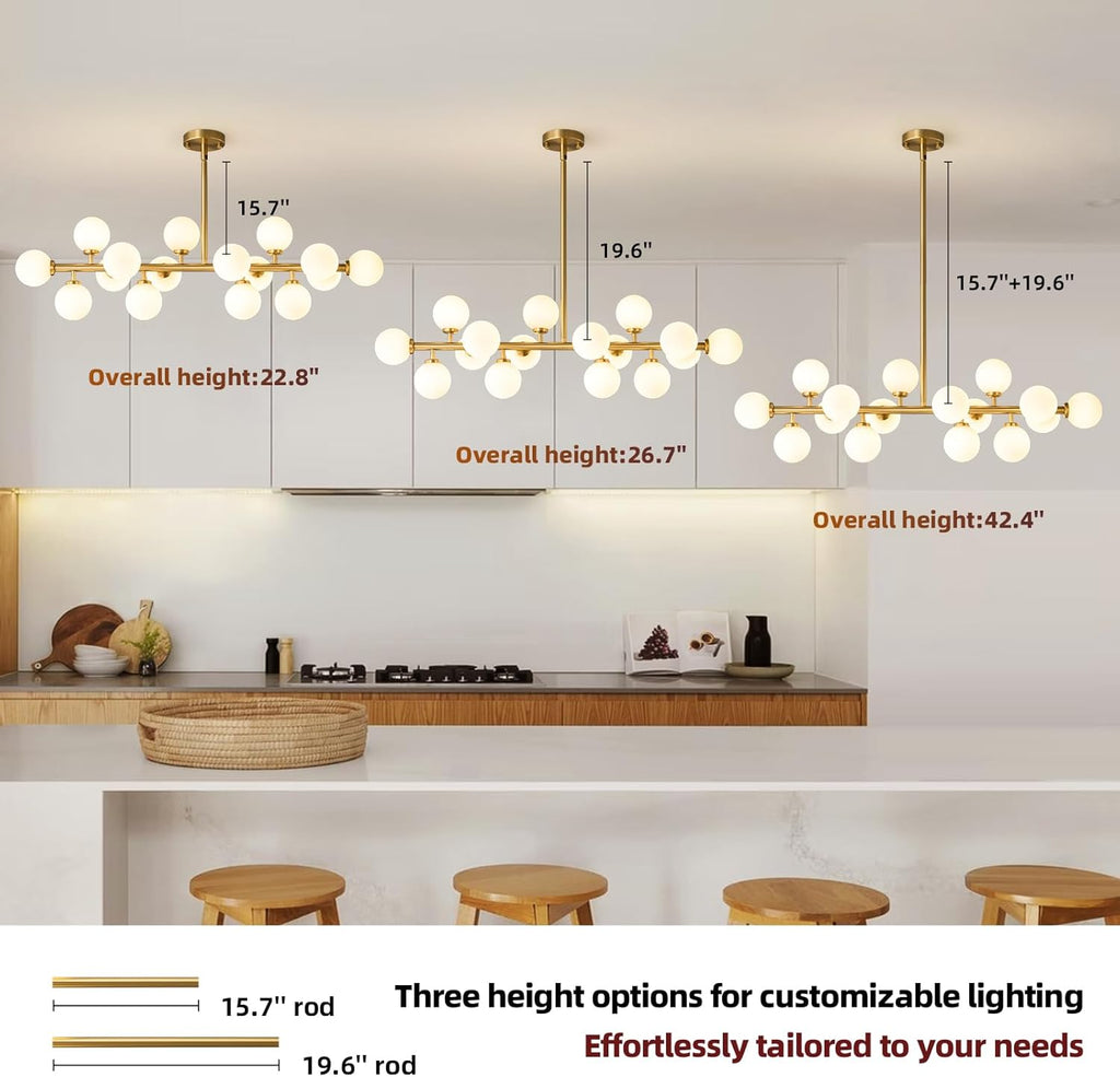 Mid Century Modern Sputnik Chandelier: 16-Light Globe Chandeliers over Table - White Glass Linear Chandelier Dining Room Light Fixture - Gold Brass Modern Chandeliers for Living Room Kitchen Island