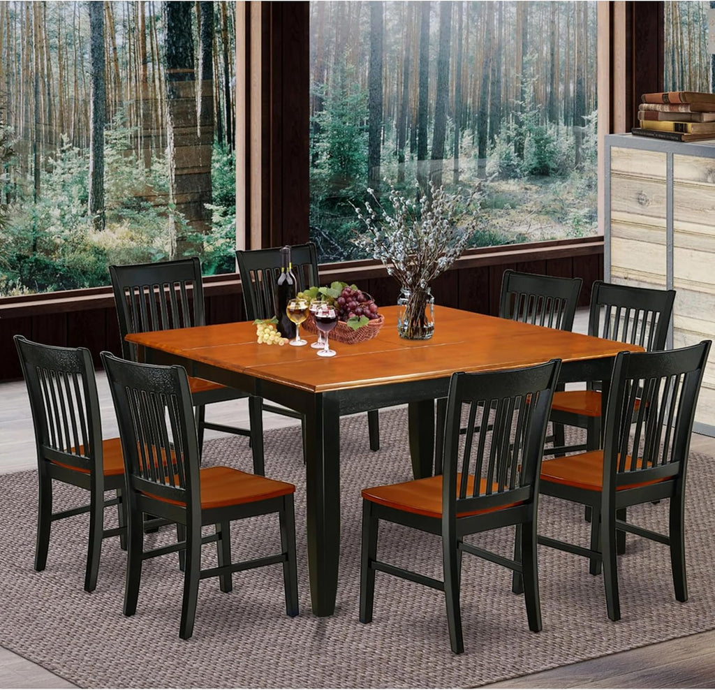East West Furniture PFNO9-BCH-W 9 Piece Dining Room Table Set Includes a Square Kitchen Table with Butterfly Leaf and 8 Dining Chairs, 54x54 Inch, Black & Cherry
