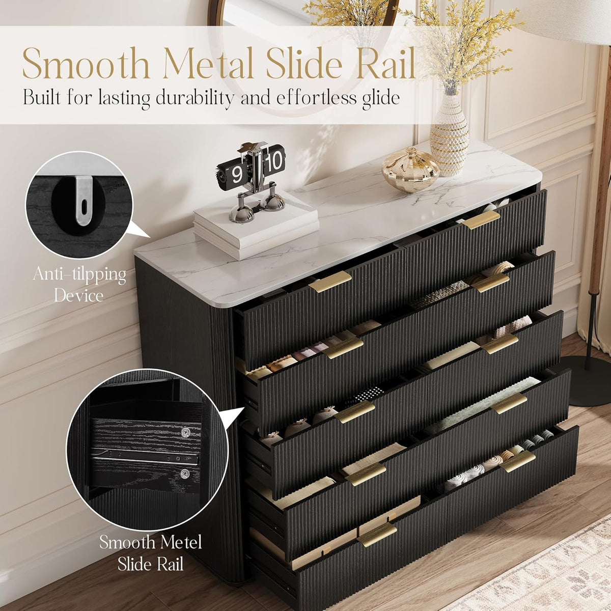 Fluted 10 Drawers Dresser for Bedroom, 47'' Wide Modern Chest of Drawers with Thickened Curved Profile Design, Wood Dressers TV Stand for Bedroom, Living Room, Hallway,Black