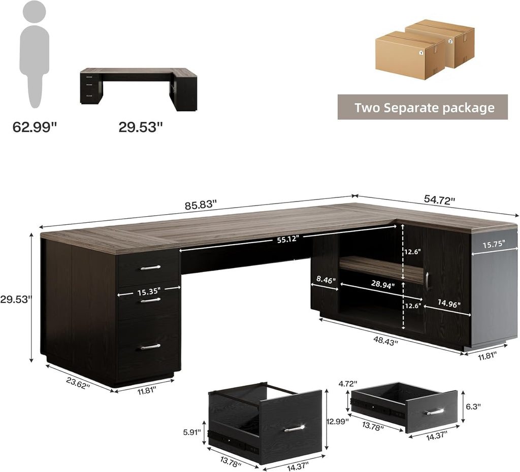 Tribesigns 85.8-Inch L-Shaped Executive Office Desk with File Drawers & Storage Cabinet, Professional Corner Computer Desk Extra Large Business Workstation with Adjustable Shelves (Gray&Black)
