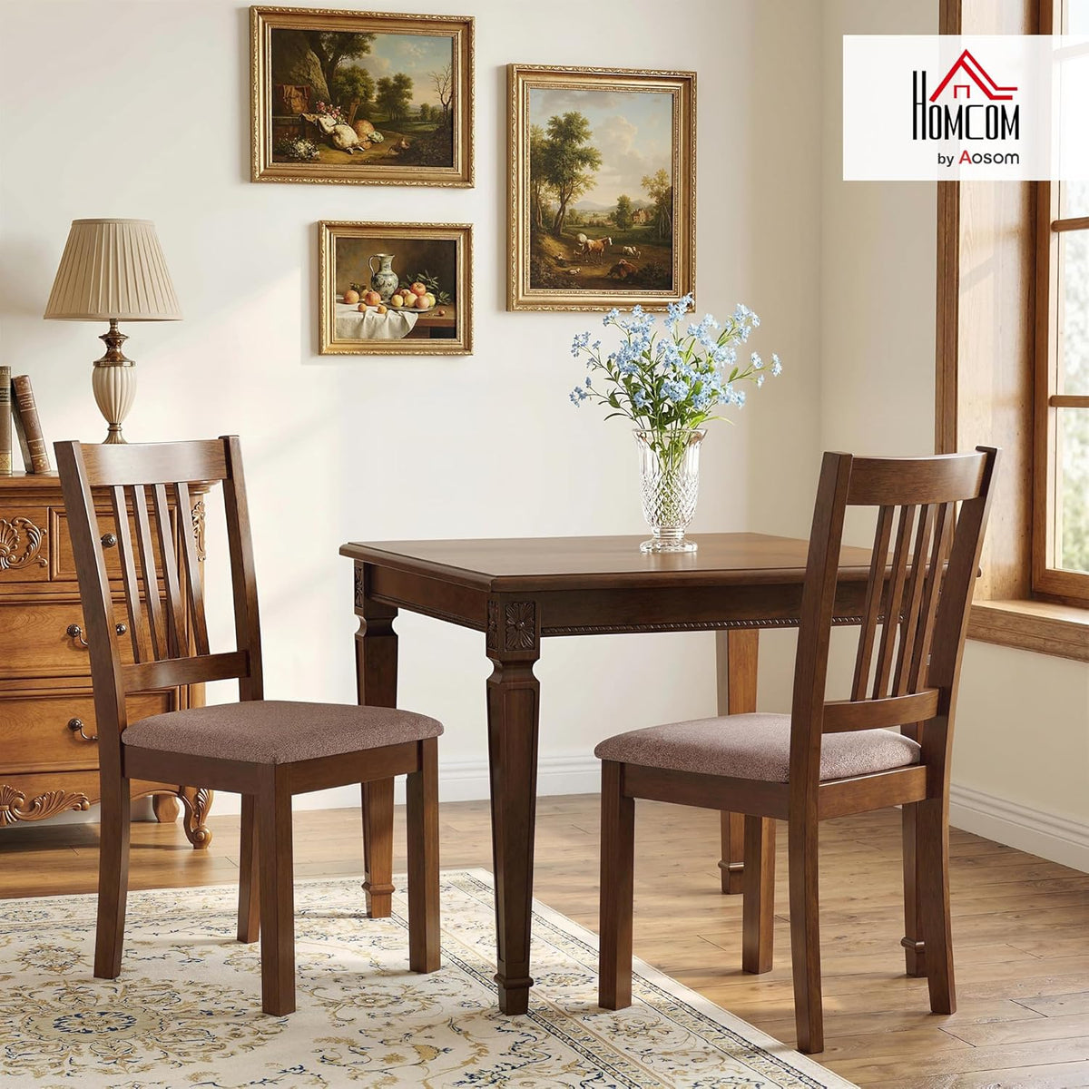 HOMCOM Dining Chairs Set of 2, Solid Wood Kitchen Chairs, Mid Century Modern Linen Fabric Upholstered for Dining Room, Living Room, Walnut Frame and Taupe Upholstery