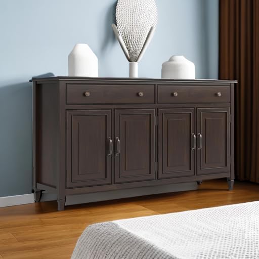 SIMPLIHOME Connaught Buffet - 67 inch Wide Solid Wood 4 Door Sideboard Cabinet in Dark Chestnut Brown, Traditional Dining Room Storage for Kitchen or Living Room with 2 Drawers and Adjustable Shelves