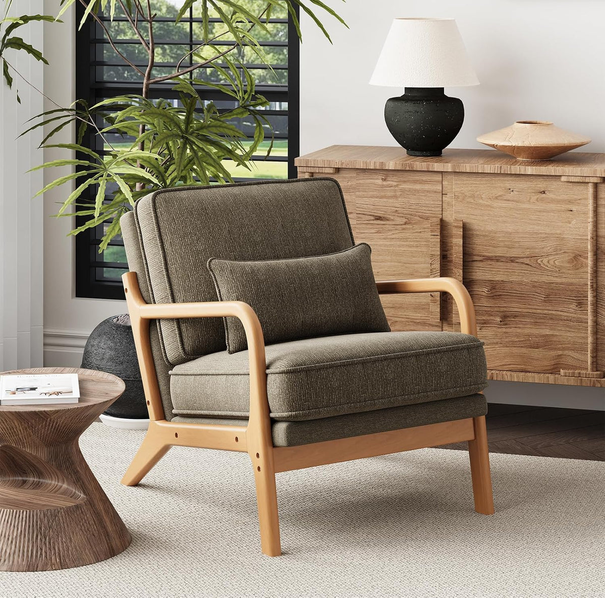 MALOL Accent Chair Set of 2 with Solid Wood Frame, Mid-Century Relaxing Armchair Lumbar Pillow& Soft Cushion, Reading Leisure Chair for Living Room, Bedroom, Waiting Room-Green