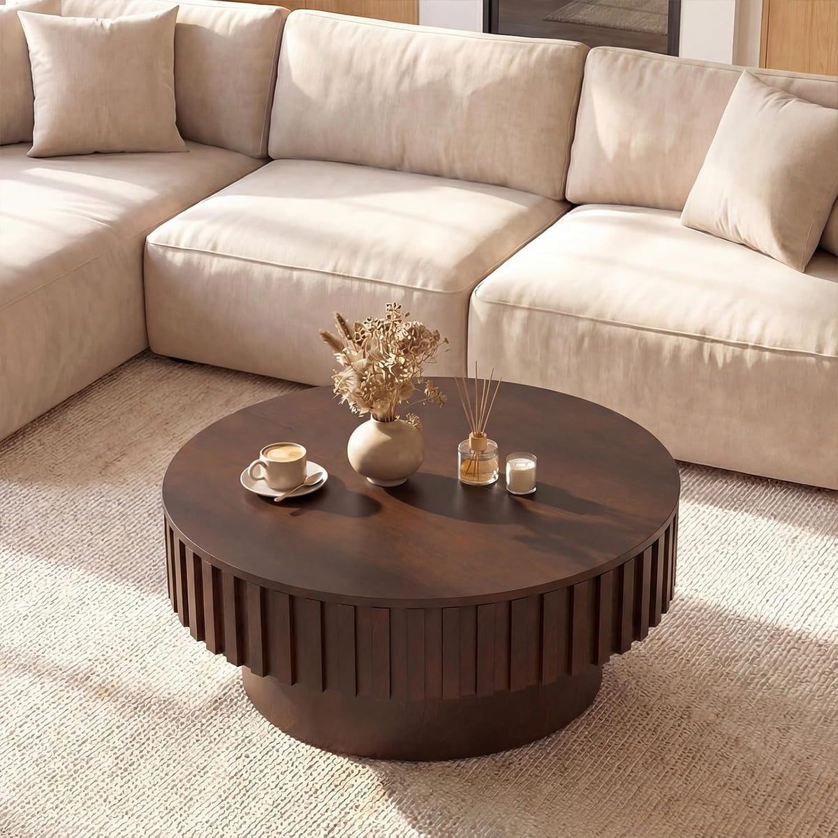 Giantex Round Coffee Table with Storage, Modern Drum Fluted Center Table with Solid Wood Veneered, Unique Circle Wood Coffee Table for Living Room Small Spaces (Brown)