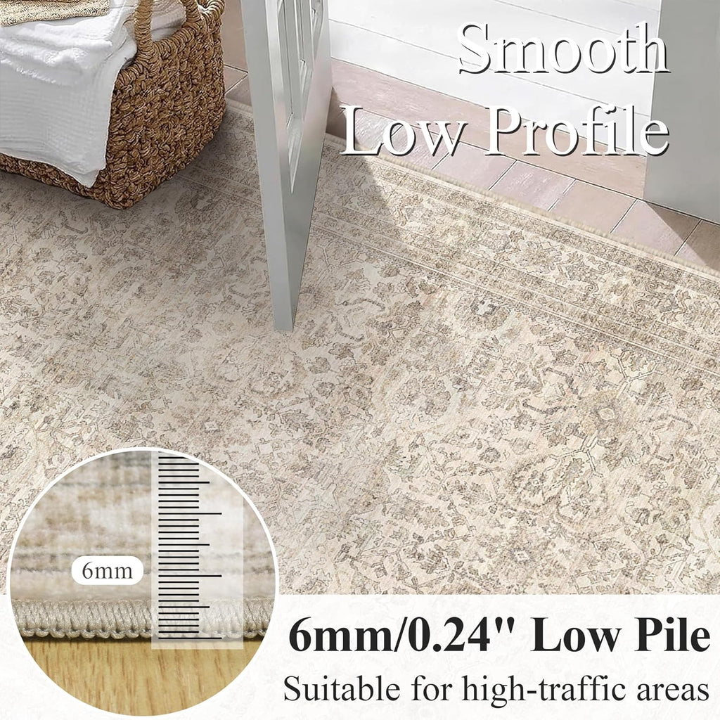 Schweek 9x12 Washable Area Rug Beige Neutral Vintage Distressed Rugs Large Non-Slip Living Room Area Rugs, Soft Low Pile Carpet Indoor Mat Throw Rug for Bedroom Dining Room Office Nursery