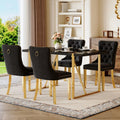 Black Dining Table Set for 4, 55" Black Glossy Top with Gold Metal Legs, Modern Dining Table Set for 4 & Velvet Tufted Chair with Gold Nailhead Trim, Luxry Kitchen Table Set Ideal for Dining Room,APT