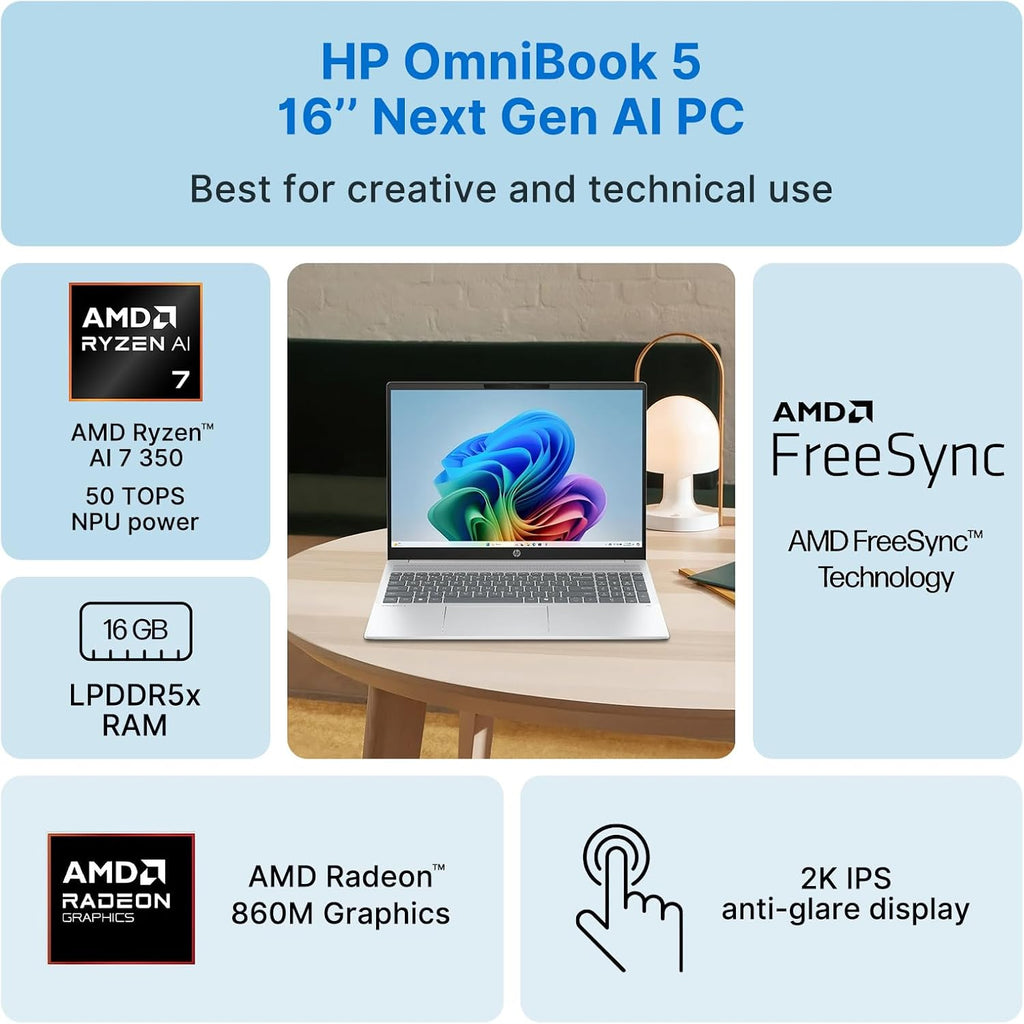 HP OmniBook 5 16" 2K Laptop, AMD Ryzen AI 7 350 (Up to 5GHz) 16GB DDR5 RAM 1TB SSD, Radeon 860M Graphics Copilot+ PC Win11 WiFi6E Backlit KB Computer for Creator Business Gaming w/GM Accessory