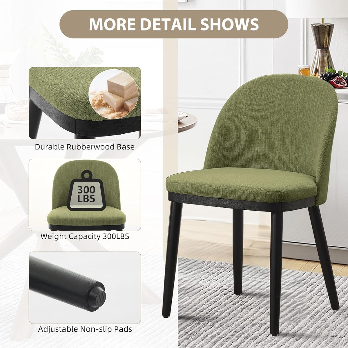 Garvee Wooden Dining Chairs Set of 6, Upholstered Kitchen Dining Room Chair, Modern Linen Fabric Farmhouse Dinner Chair with Leveling Feet/High Backrest Support for Dining Room, Living Room,Green