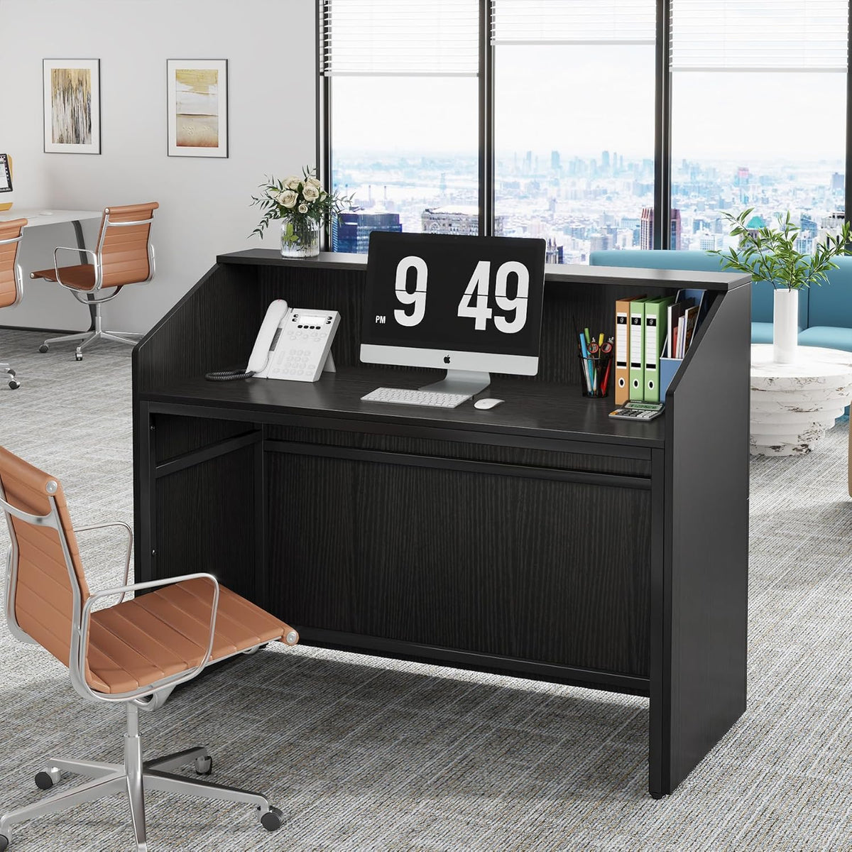 Tribesigns Reception Desk with Counter, Modern Front Desk Reception Room Table with Cable Grommet, 47 inch Retail Counter for Checkout, Lobby, Beauty Salon, Home Office Desk, Black