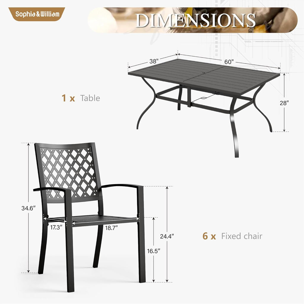 Sophia & William Patio Dining Set Metal Outdoor Table and Chairs Furniture Set 7 Piece, Large 60.2" Dining Table with Umbrella Hole and 6 Backyard Garden Chairs Support 300LBS for Deck, Lawn, Garden