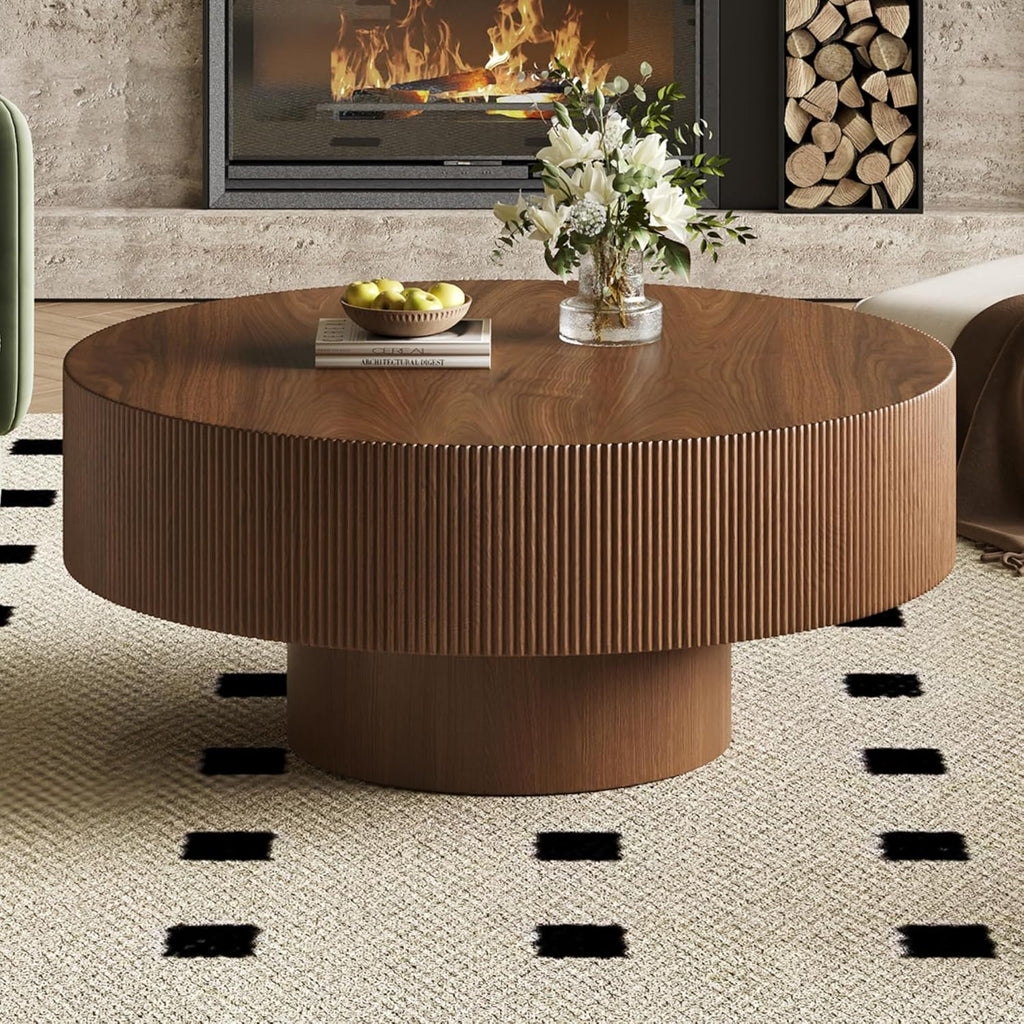 Merax Modern 35.4 Inch Round Large Coffee Table with Sturdy Base, Wood Minimalist Fluted Center Table for Living Room Reception Room, Easy Assemble, Walnut