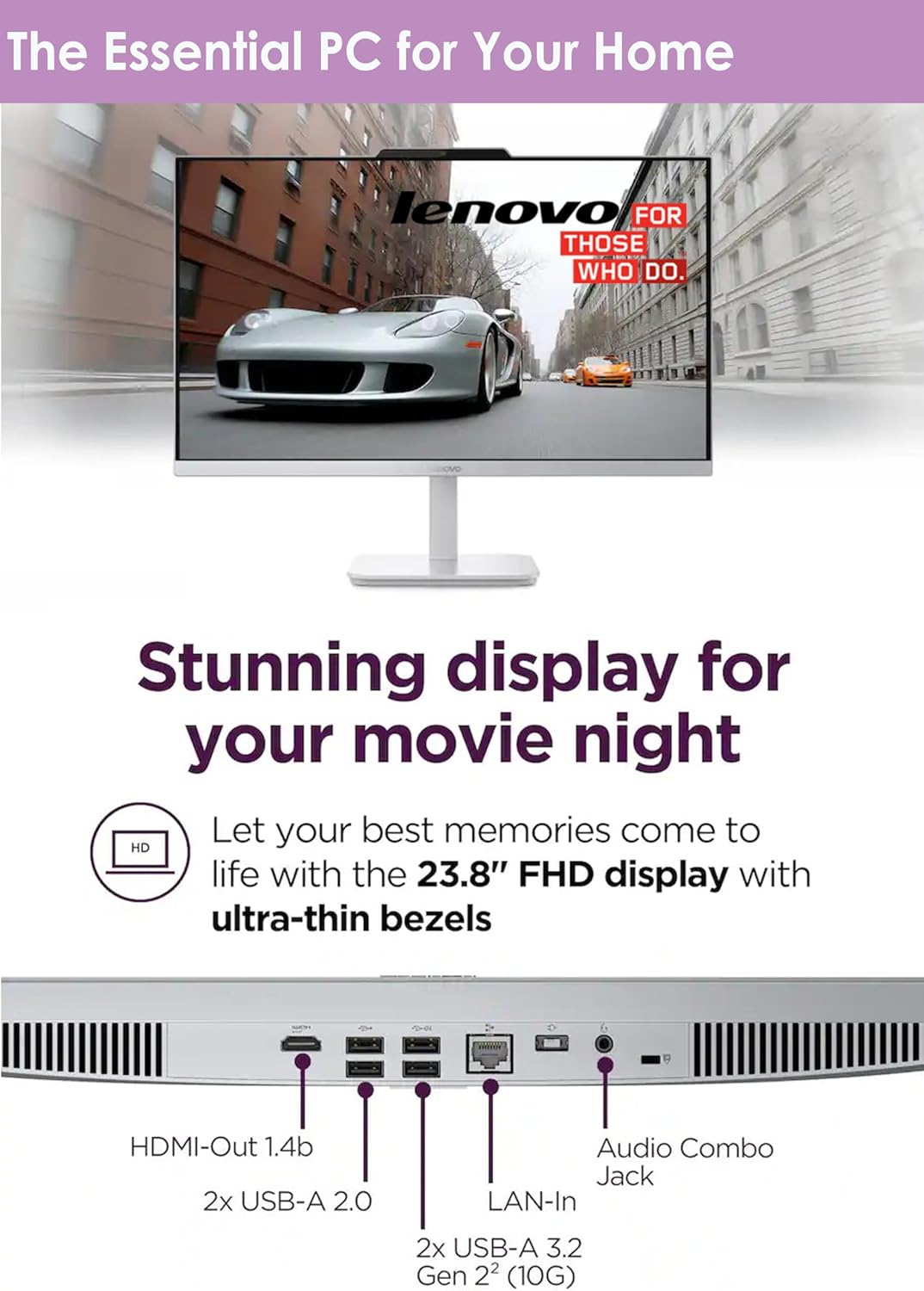 Lenovo 24 inch All in One Desktop| 8GB RAM| 512GB External, 128GB SSD On Board | Intel Ultra-Fast 4-Core CPU| Full HD Display| Wi-Fi 6| Windows 11 | Wireless KB & Mouse