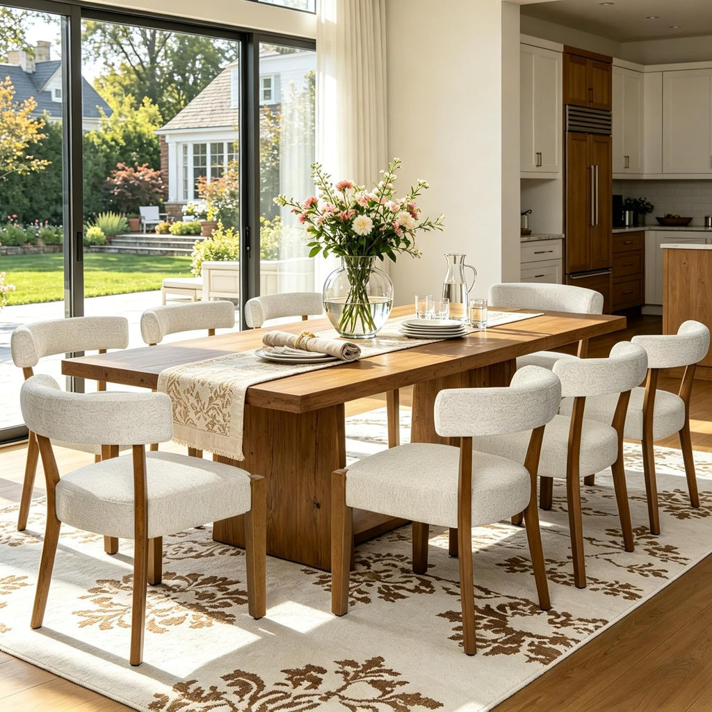 RNKSFX Modern Dining Chairs Set of 8, Walnut Upholstered Kitchen & Dining Room Chairs, Mid Century Modern Wooden Dining Chairs Oversized Sturdy Rounded Chairs Curved Back, Beige Fabric