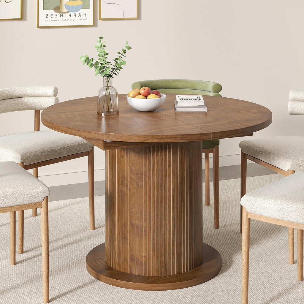 43.3 inch 59 inch Adjustable Size Round Dining Table for 4 6, Unique Design Modern Farmhouse Kitchen Table, Circle Dining Tables with Wood Strip Base for Kitchen Living Room (Walnut)