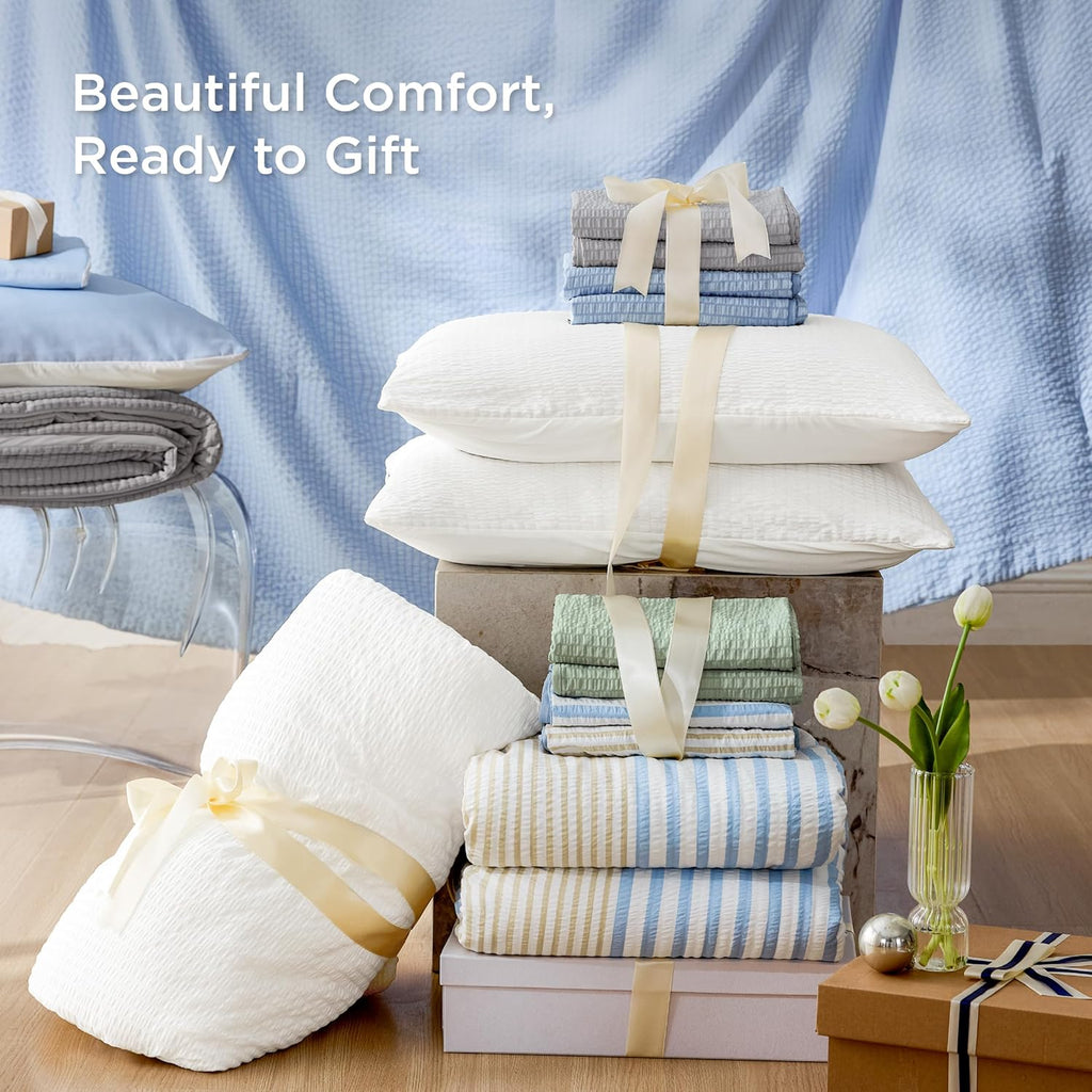 Bedsure SleepEase Cooling Comforter King Size for Summer, 3 Pieces Striped Seersucker Cooling Comforters for Hot Sleepers, Double-Sided Cool Tech Bedding Set with 1 Breathable Comforter, 2 Pillowcases