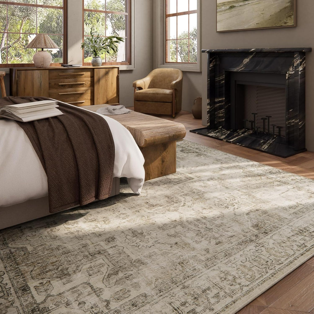 Washable Area Rugs for Living Room: 9x12 Bedroom Area Rugs Boho Vintage Rugs Stain Resistant Non Slip Low Pile Soft Lightweight Carpet for Kitchen Dining Room Farmhouse Nursery Kids Room Home Office