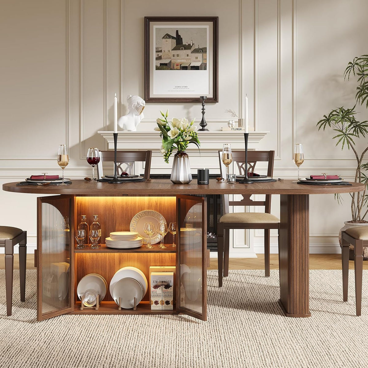 ONBRILL 70 Inch Oval Dining Table for 6-8, Modern Dining Room Table with 2-Tier Storage Space, Wood Kitchen Table with LED Light, Dinner Table with Heavy Duty Legs, Walnut
