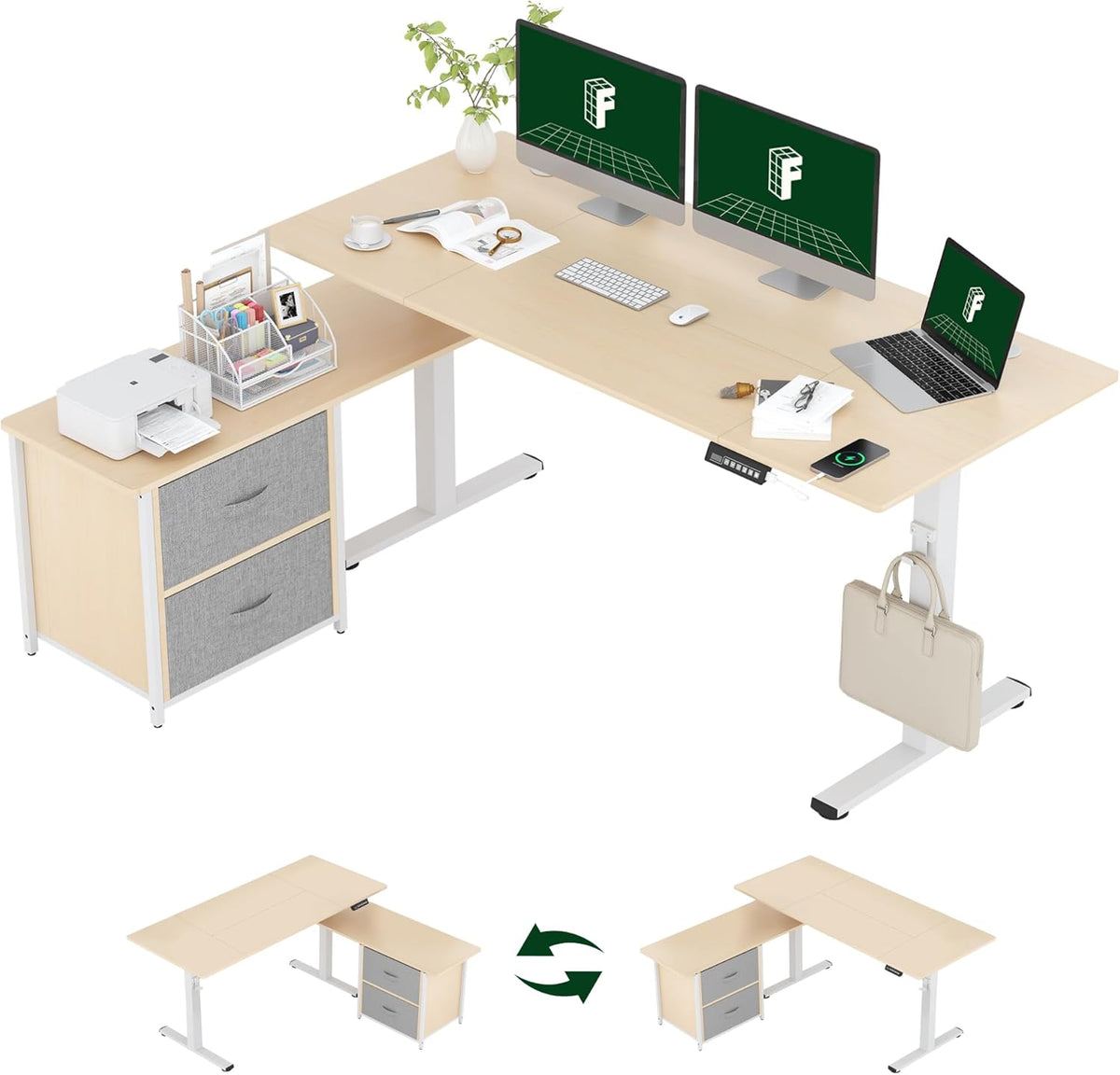 FLEXISPOT L Shaped Standing Desk with Drawers, Large Electric Height Adjustable Executive Desk, Sit Stand Desk for Home Office and Workstation, Hooks and USB Port (63"x28" White Wood Grain)