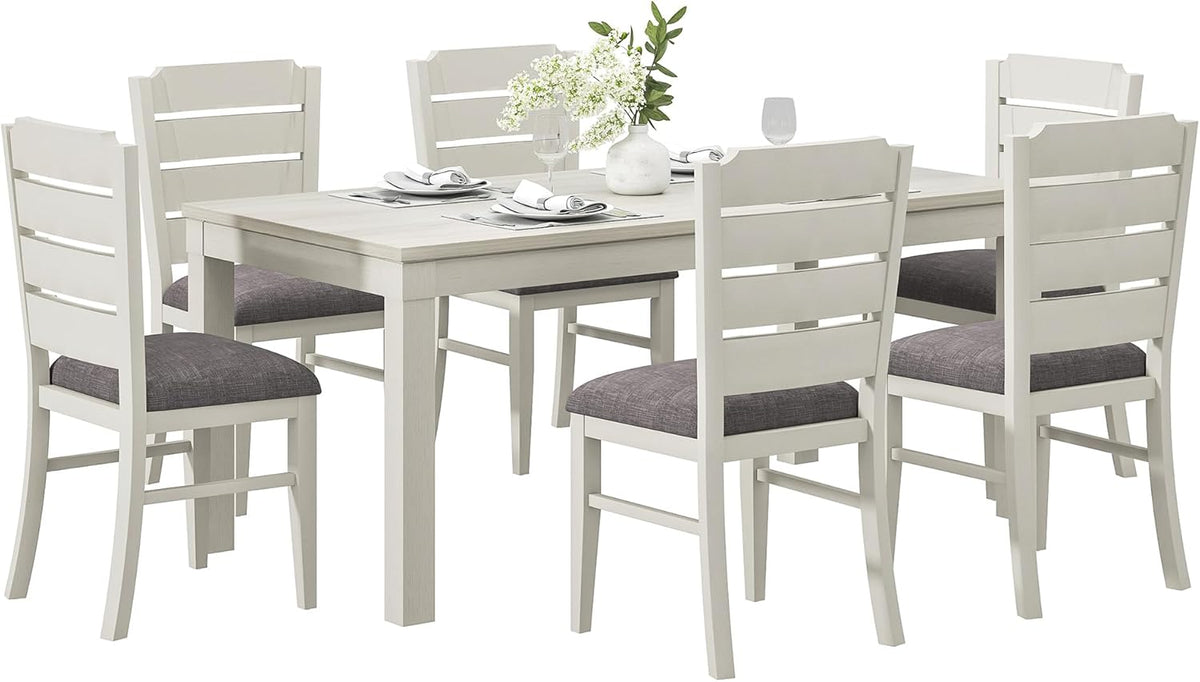VECELO 7-Piece Solid Wood Dining Table Set with 6 Upholstered Chairs, Farmhouse Design for Kitchen & Small Spaces, for Dining Room, Kitchen, Gray