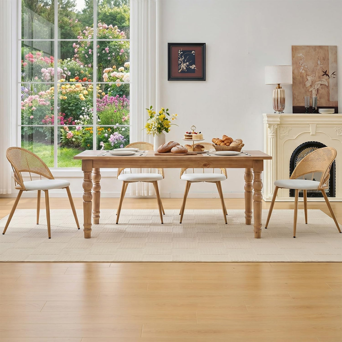 TYBOATLE Rattan Dinner Chairs Set of 4 with Faux Leather Cushion, Modern Dining Room Chairs w/Adjustable Foot Pads, Kitchen Boho Chairs Mid Century Upholstered, White