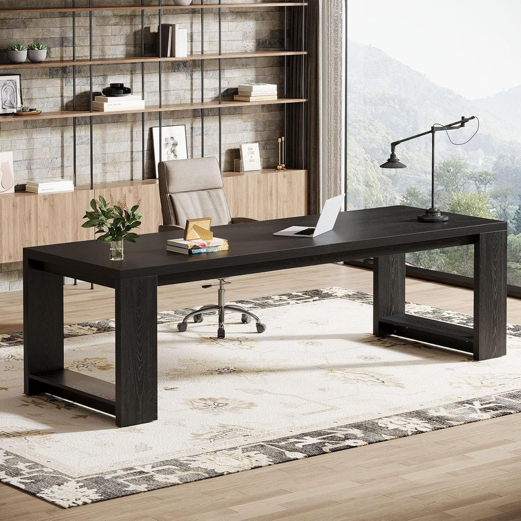 Tribesigns Two Person Desk, 86.6 Inch Extra Long Desk, Double Computer Writing Table, Wood Office Desks Workstation for Home Office, Black