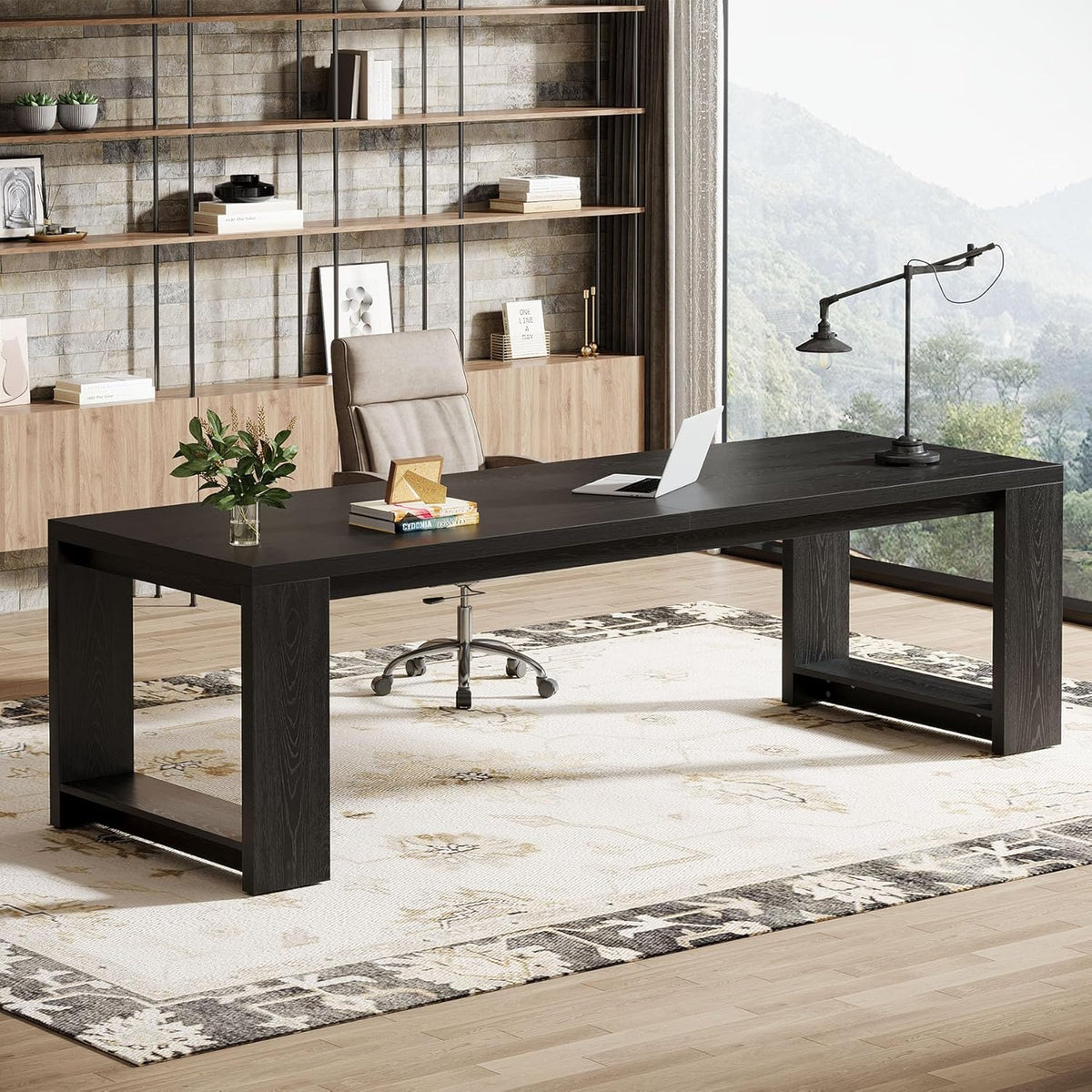 Tribesigns Two Person Desk, 86.6 Inch Extra Long Desk, Double Computer Writing Table, Wood Office Desks Workstation for Home Office, Black