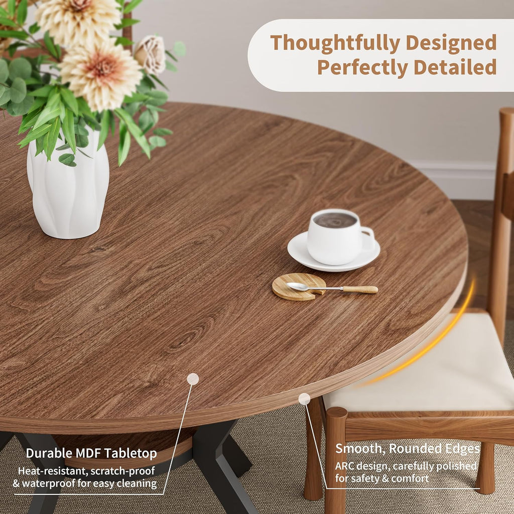 42" Round Dining Table for 4, Farmhouse Kitchen Table with Storage, Space Saving Circle Dinner Table, Rustic Wood Kitchen & Dining Room Tables with Metal Legs for Kitchen, Living Room, Dining Room