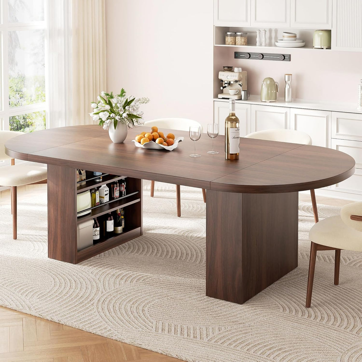 Jocoevol 78.7" Oval Dining Table for 8-10, Modern Dining Room Table with 3-Tier Storage Shelf, Wood Dinner Tables with Heavy Duty Pedestal Base for Kitchen Living Room - Walnut
