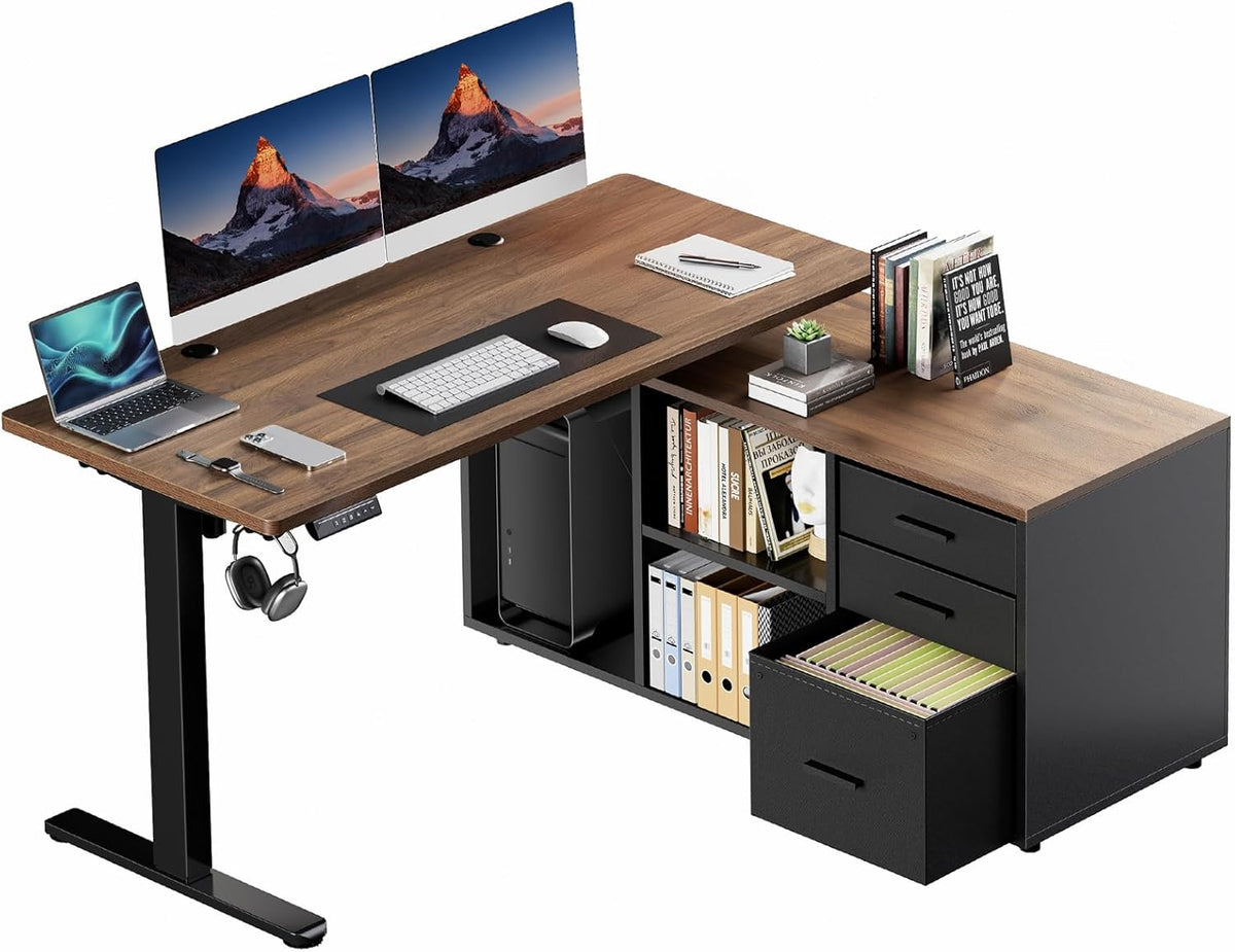 HUANUO 55 Inch L Shaped Standing Desk with Drawers, Electric Executive Desk with File Cabinet Sets, Adjustable Height Stand Up Desk, Home Office Computer Desk with 4 Memory Presets, Walnut