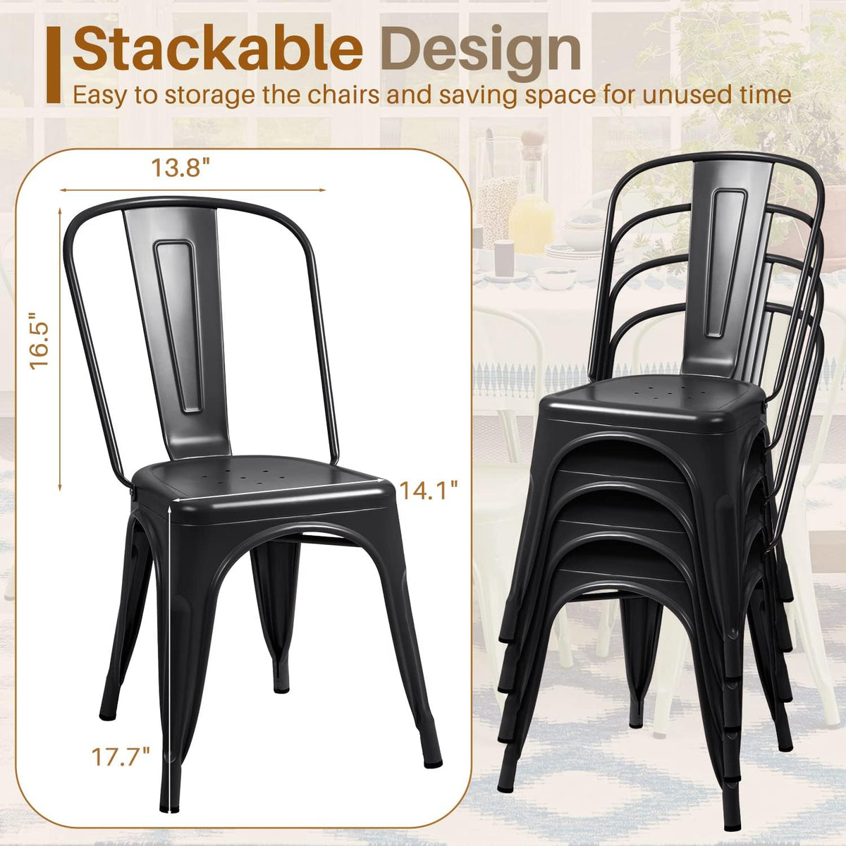 Furmax Metal Dining Chair Indoor-Outdoor Use Stackable Classic Trattoria Chair Chic Dining Bistro Cafe Side Metal Chairs Set of 4 (Black)