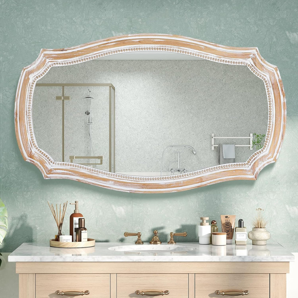 HOITUZYUS 36x24 Inches Rustic Scalloped Wall Mirror, Baroque Curved with Beaded, Distressed Wooden Decorative Mirros for Bathroom, Living Room, Bedroom, Entryway - Horizontal or Vertical