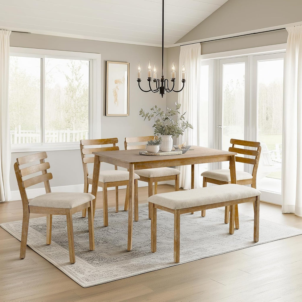 SIMTONAL 6 Piece Dining Table Set with Bench, Wooden Rectangular Kitchen Table and 4 Upholstered Chairs, Farmhouse Dining Room Furniture for Family Meals, Light Oak Finish
