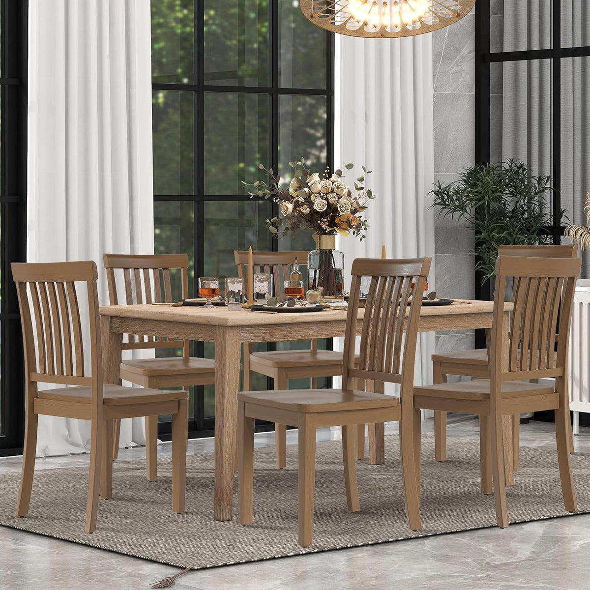 COLAMY Wooden Dining Chairs Set of 6, Solid Rubberwood Kitchen & Dining Room Chairs, Farmhouse Rustic Side Chairs for Dining Table, Anti-Slip Protection, Classic Windsor Style Seating, Oak Light Brown