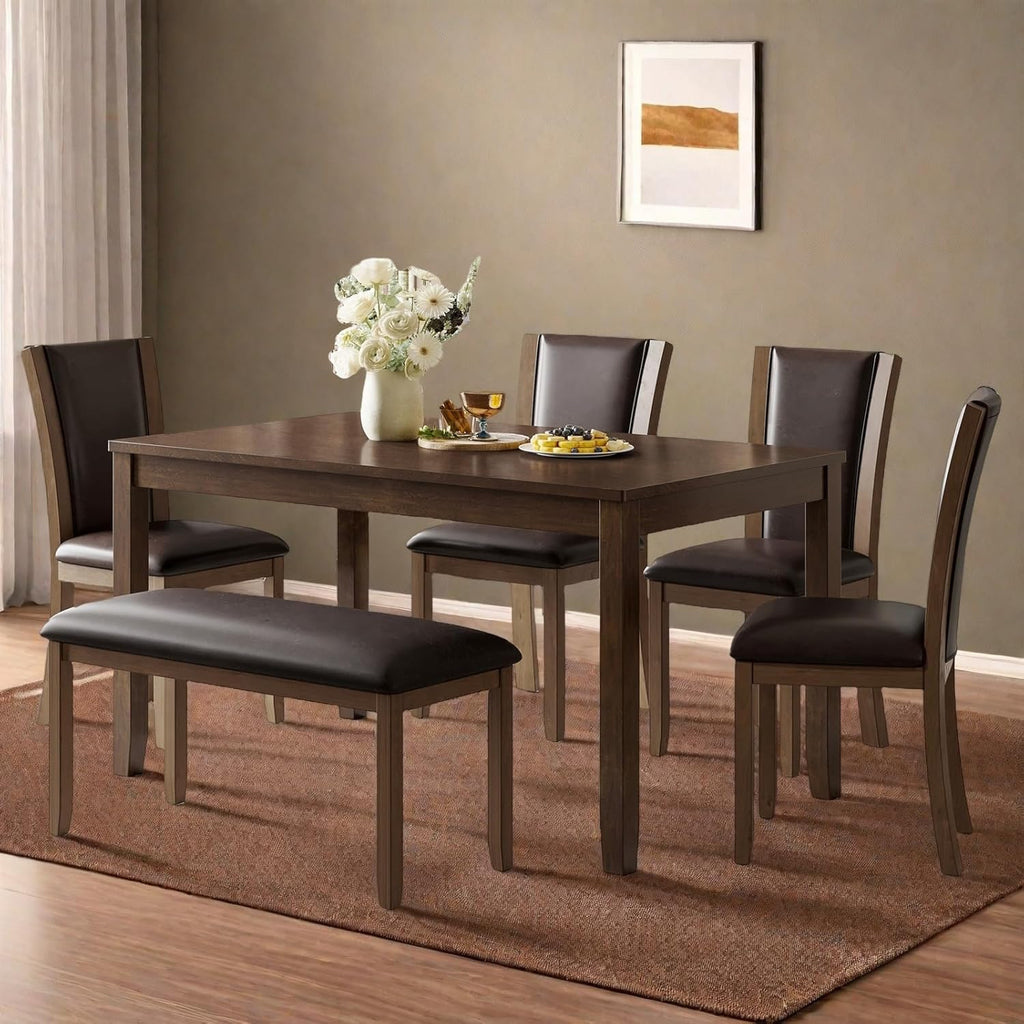 Dining Table Set for 6, Farmhouse 6 Piece Dining Room Table Set with Rectangular Table, 4 Upholstered Backrest Chairs and Bench, Counter Height Kitchen Sets with Warm Woodgrain Finish, Walnut