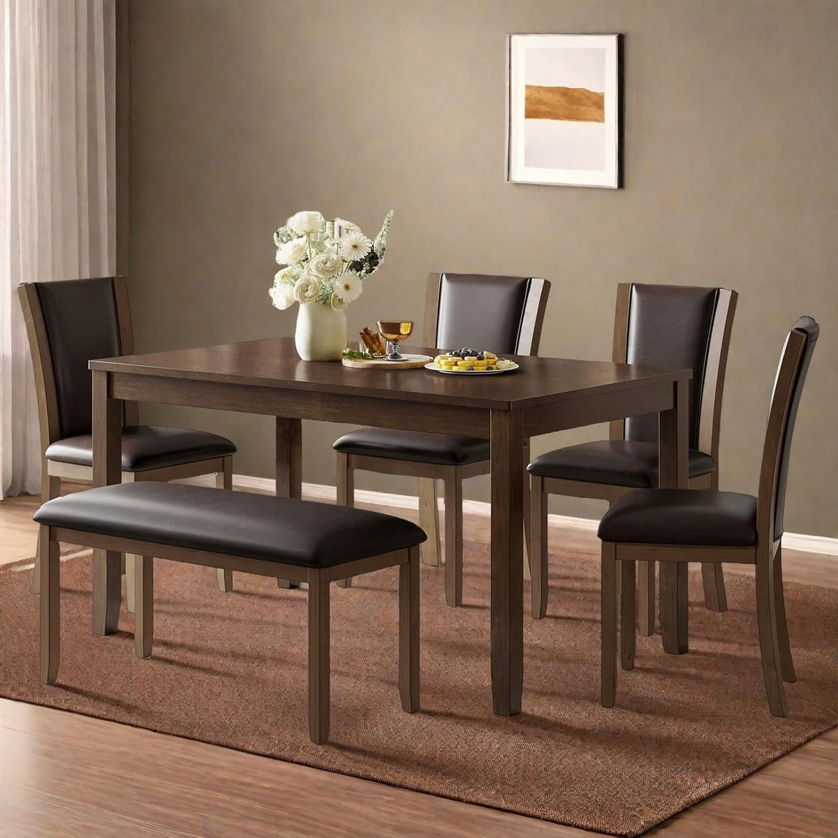 Dining Table Set for 6, Farmhouse 6 Piece Dining Room Table Set with Rectangular Table, 4 Upholstered Backrest Chairs and Bench, Counter Height Kitchen Sets with Warm Woodgrain Finish, Walnut