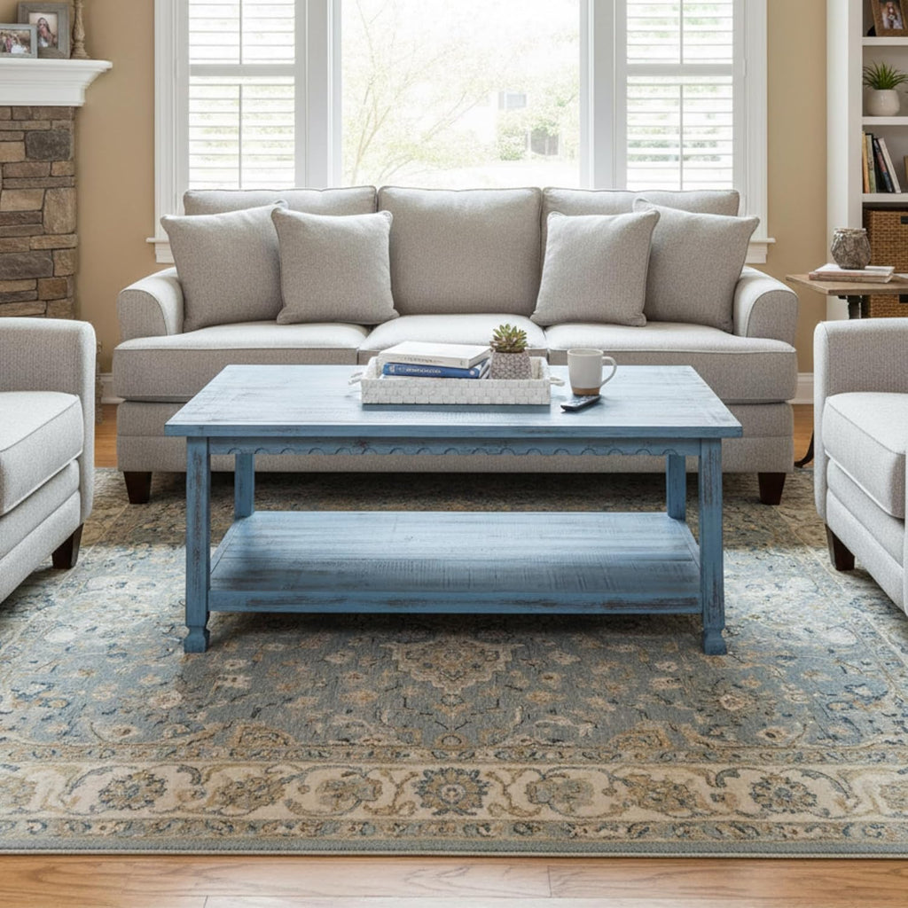 Rustic Rectangular Coffee Table, 42 in. W x 24 in. D x 18 in. H, Living Room Blue Antique, W/ (1) 36 in. W x 18 in. D x 10 in. H Shelf, Farmhouse/Cottage Style, Select Hardwood/Construction