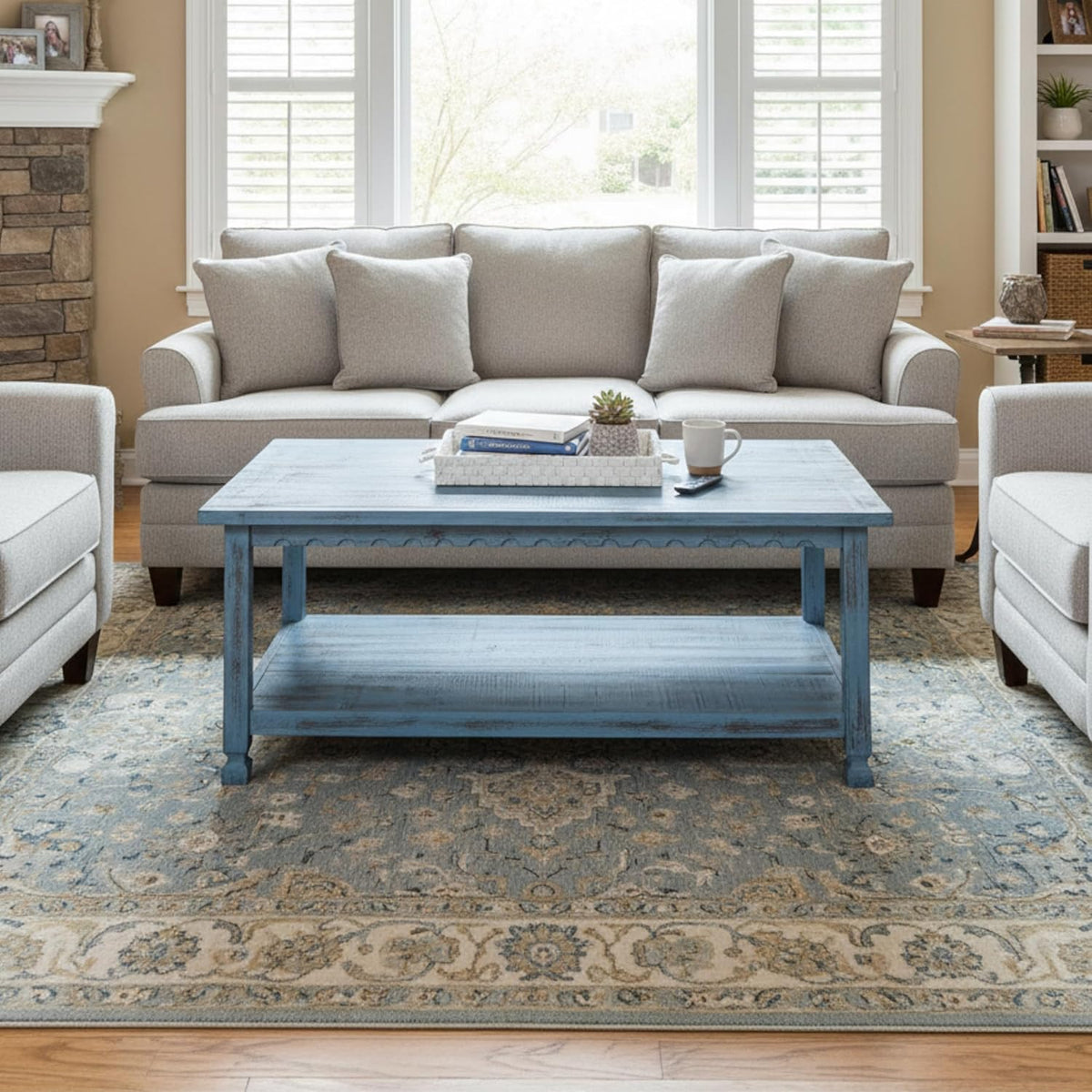 Rustic Rectangular Coffee Table, 42 in. W x 24 in. D x 18 in. H, Living Room Blue Antique, W/ (1) 36 in. W x 18 in. D x 10 in. H Shelf, Farmhouse/Cottage Style, Select Hardwood/Construction