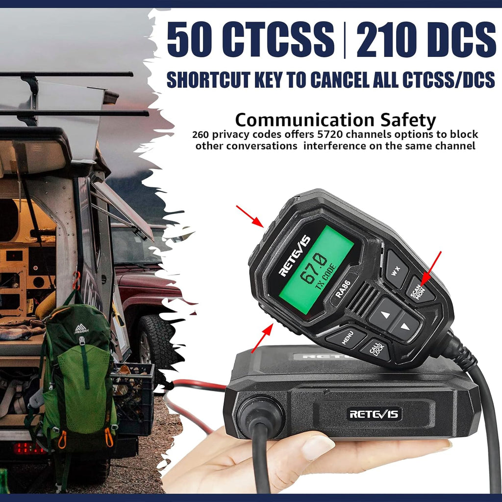 Retevis RA86 GMRS Mobile Radio - Update Chirp, GMRS Radio with Gain Antenna & Cigarette Lighter Plug, Repeater Channels Long Range Two Way Radio, NOAA Alert, Dual Speakers for Offroad, Jeep, Truck, RV