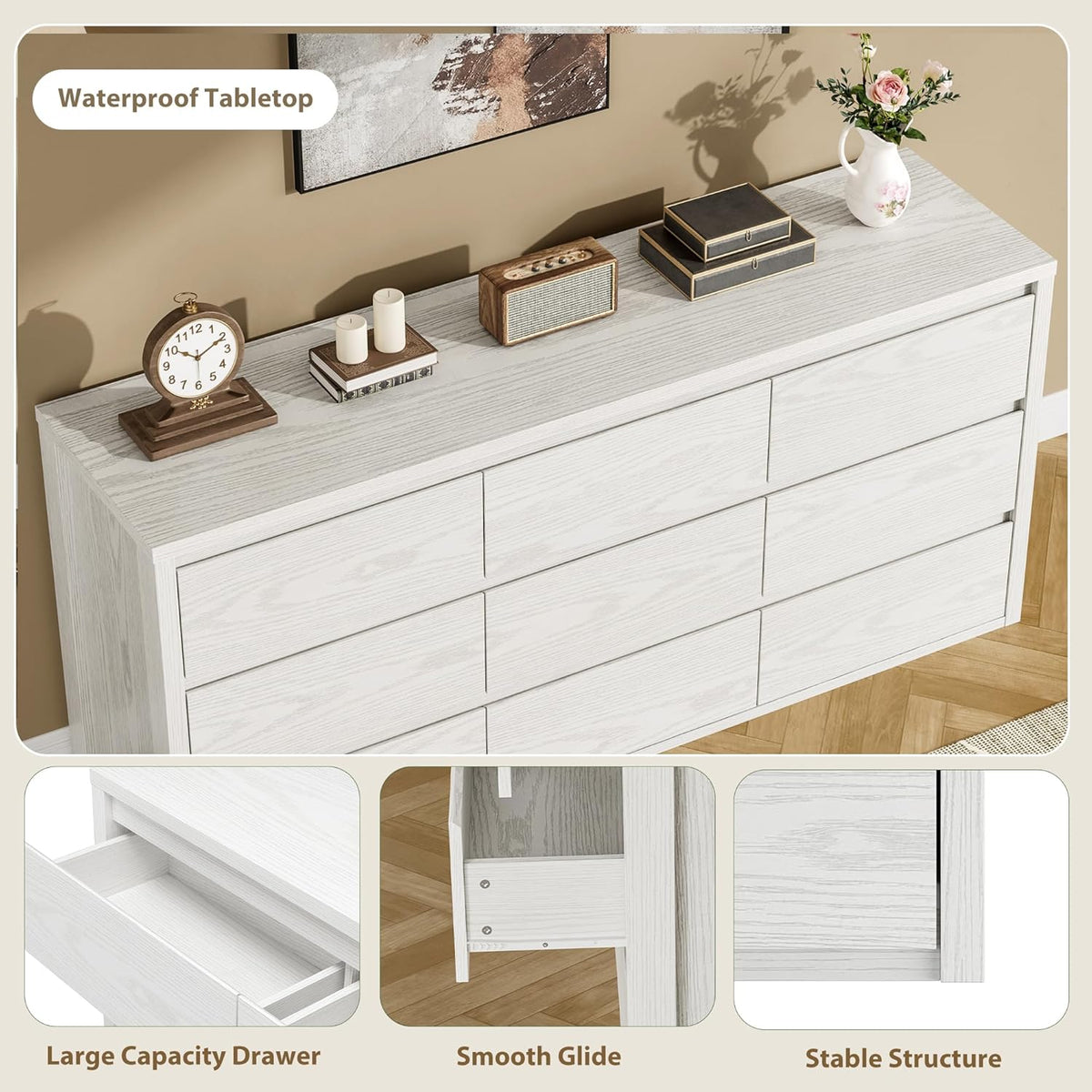IDEALHOUSE Rustic Farmhouse 9 Dresser for Bedroom,Wooden Drawer Dresser,Handle-Free Storage Cabinet with Drawers for Bedroom, Living Room & Hallway, with Anti-Tip Safety,White