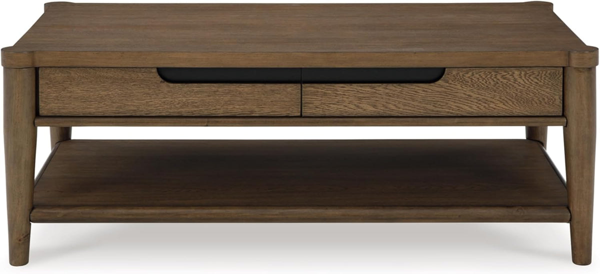 Signature Design by Ashley Roanhowe Contemporary 2-Drawer Coffee Table with Open Lower Shelf and Tapered Legs, Dark Brown