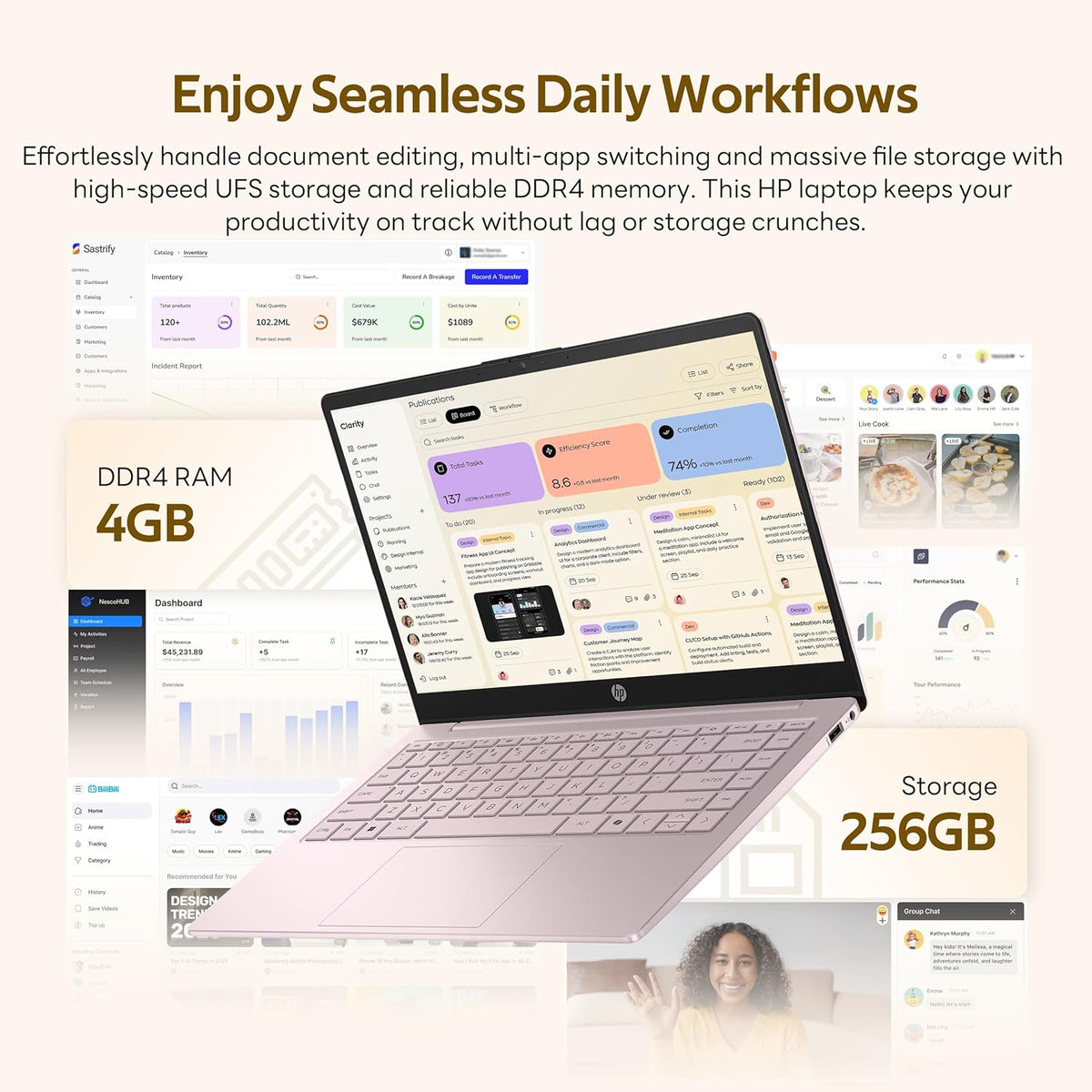 HP Flagship 14" HD Student&Business Laptop with AI Copilot, 13th Gen Intel 4-Core, 4GB RAM, 256GB Storage (128GB UFS + 128GB Docking Station), 1 Year Office 365, 720p Webcam, Win 11, Tranquil Pink