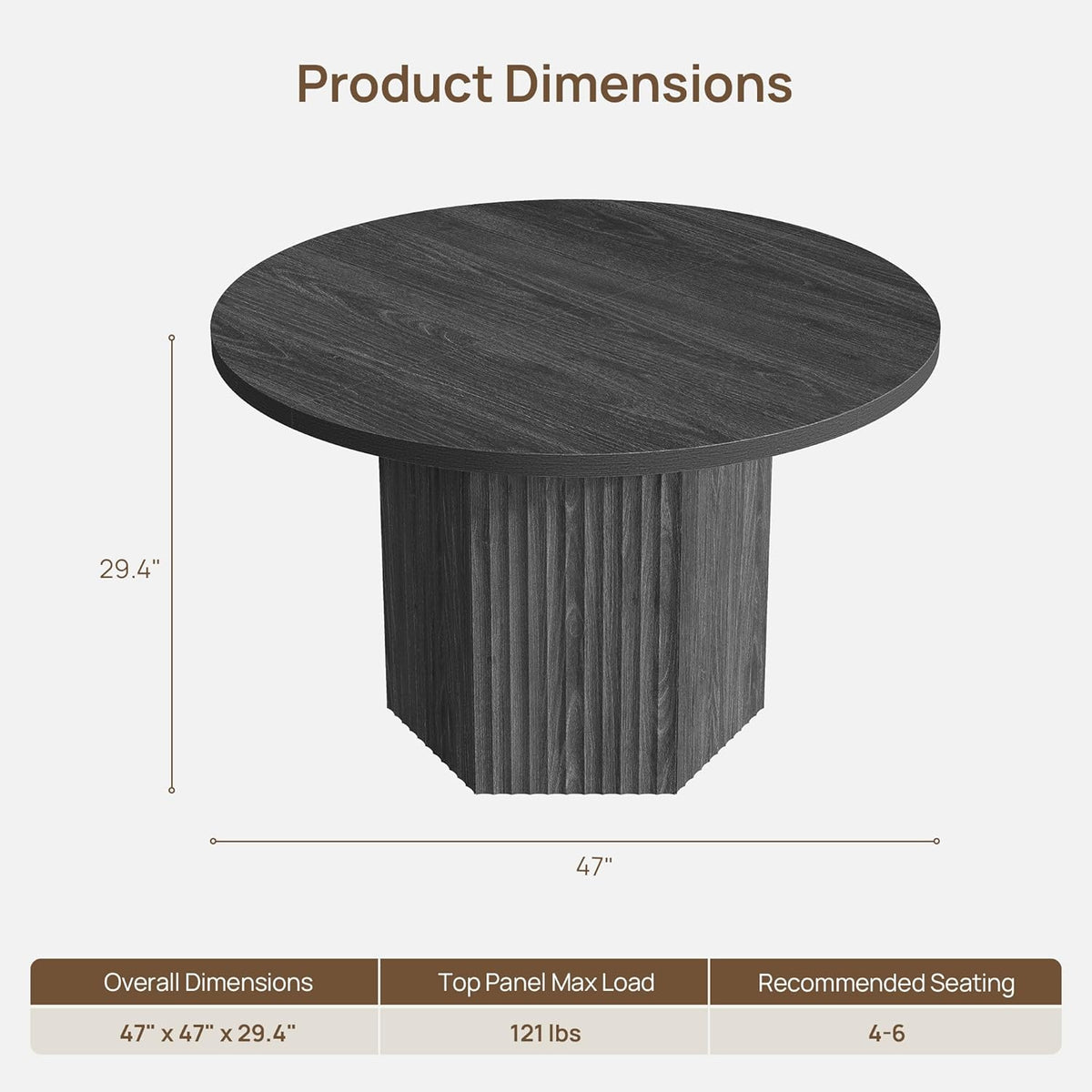 SICOTAS Round Dining Table for 4 6 People 47" Fluted Kitchen Dinner Table Modern Wooden Circle Dining Room Table with Sturdy Base for Dining Room Kitchen Living Room, Dark Grey Alder