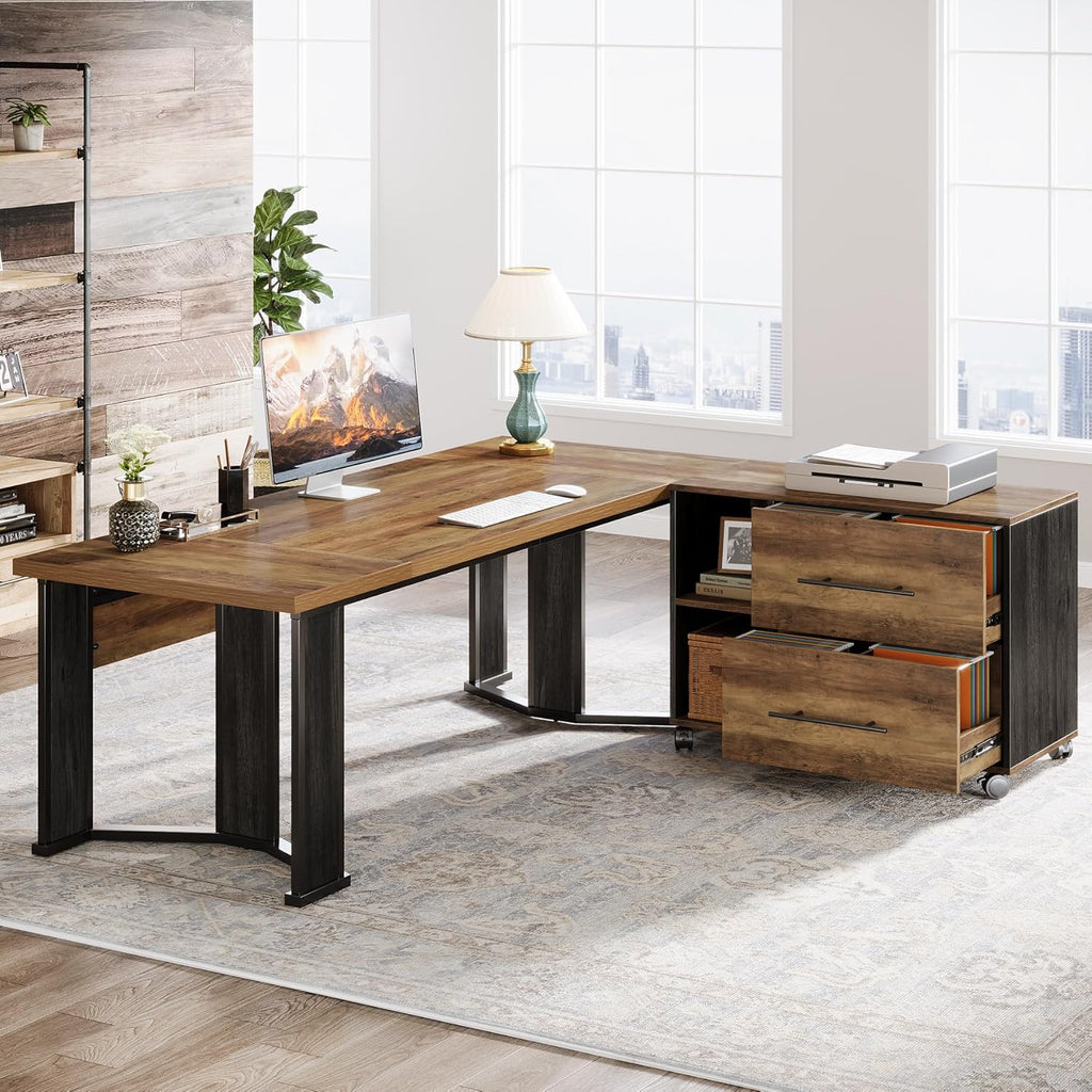 Tribesigns 70.86" Executive Desk with Mobile File Cabinet, Large L Shaped Computer Office Desk with 2 Drawers and Storage Shelves, Business Furniture Desk Workstation for Home Office (Rustic Brown)