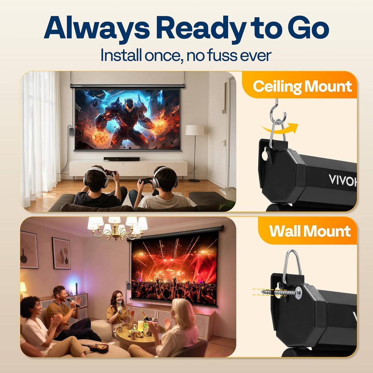 VIVOHOME Motorized Projector Screen with Remote, 16:9 84 Inch Auto Electric Projection Screen, HD 4K Movie Screen for Home Theater, Cinema, Office (73 x 41 Black)