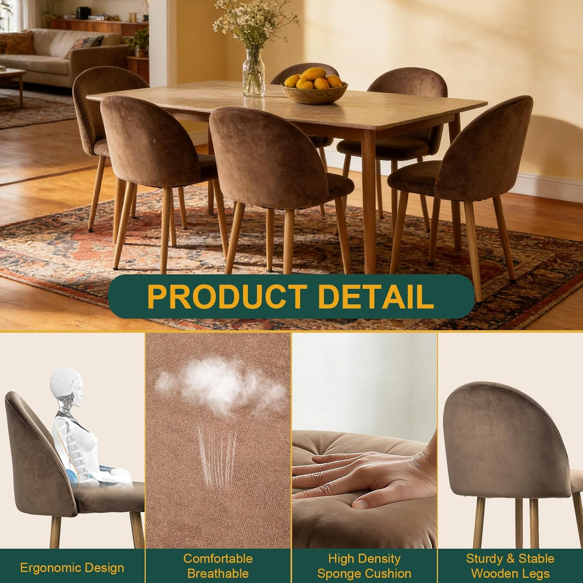 Dining Chairs Set of 2, Velvet Comfortable Seats, Mid-Century Modern Living Room Chairs, Upholstered Kitchen Chairs with Wooden Legs and Padded Seat for Bedroom Office Easy Assembly, Brown